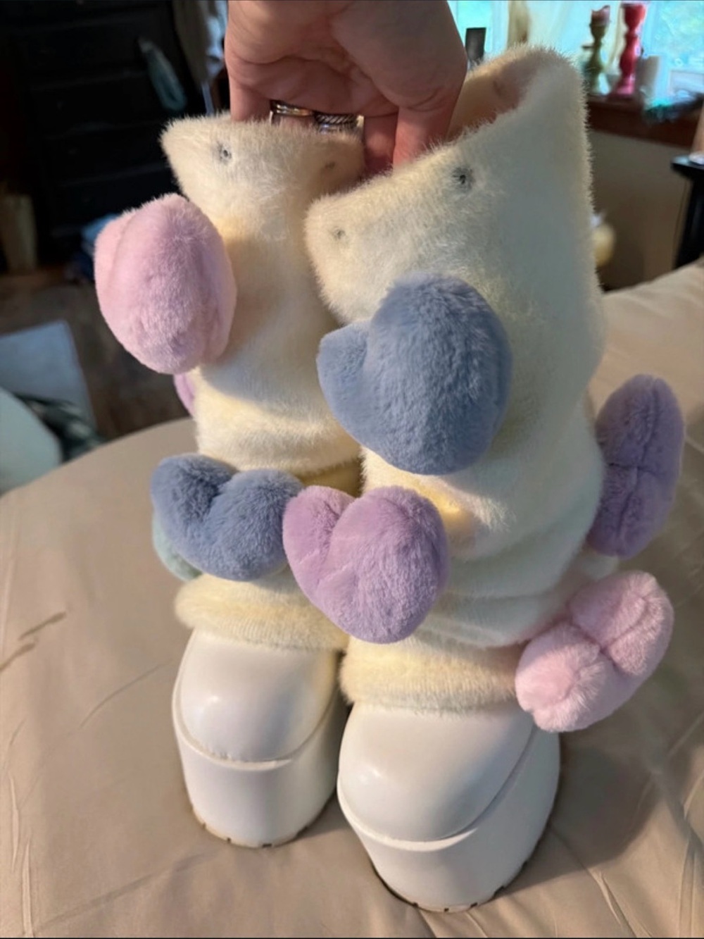 Dolls Kill Cream Platform Boots with Pastel Heart Accents